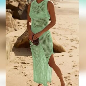 Green Crochet Open Back Maxi Dress Coverup